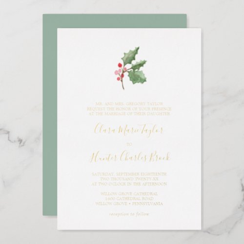 Christmas Greenery Gold Foil Text Formal Wedding Foil Invitation