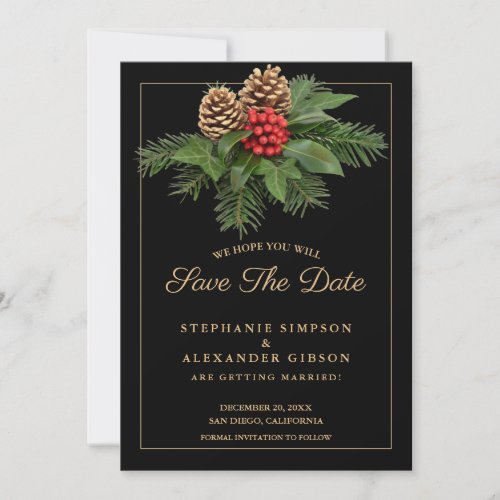 Christmas Greenery Gold On Black Holiday Wedding  Save The Date