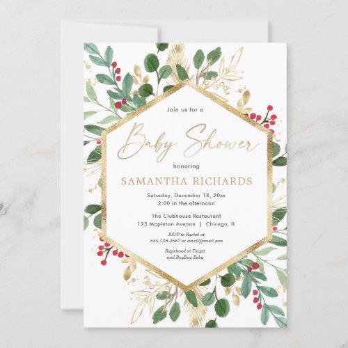Christmas greenery gold red hollies baby shower invitation