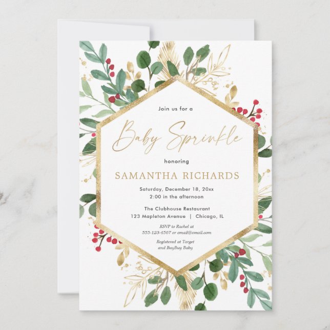 Christmas greenery gold red hollies baby sprinkle invitation (Front)