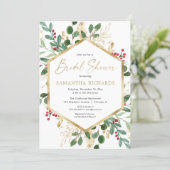 Christmas greenery gold red hollies bridal shower invitation (Standing Front)