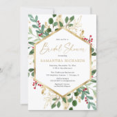 Christmas greenery gold red hollies bridal shower invitation (Front)