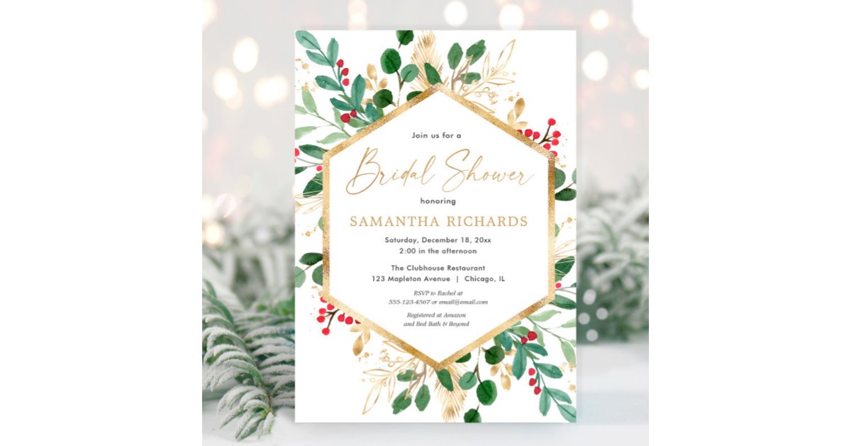 Christmas greenery gold red hollies bridal shower invitation | Zazzle