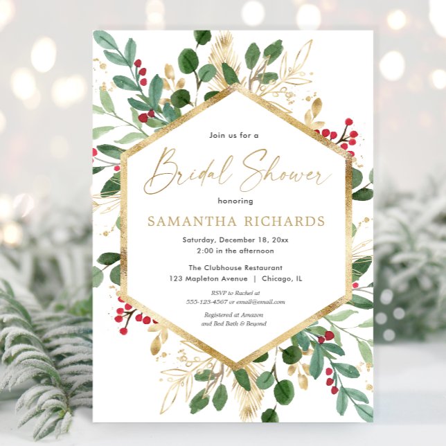 Christmas greenery gold red hollies bridal shower invitation