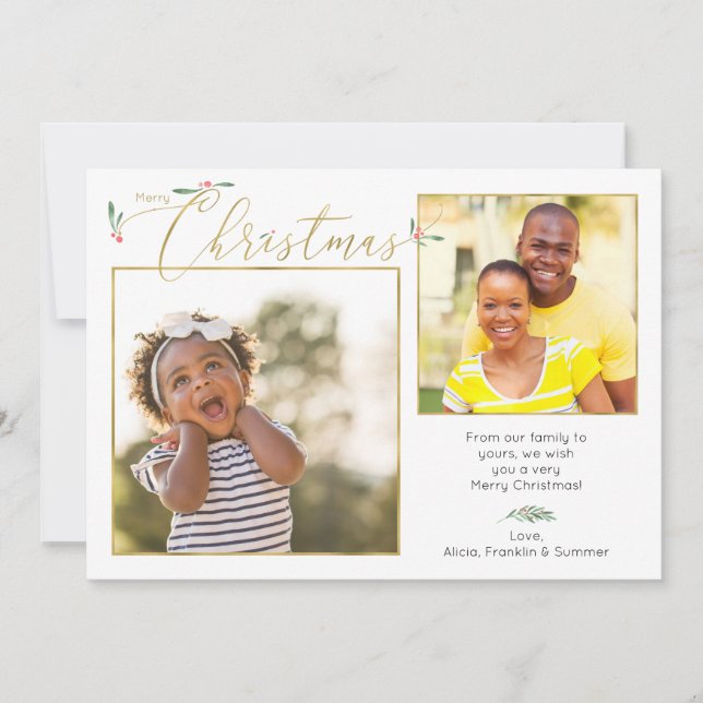 Christmas Greenery + Gold Typography 2-Photo Holiday Card (Front)