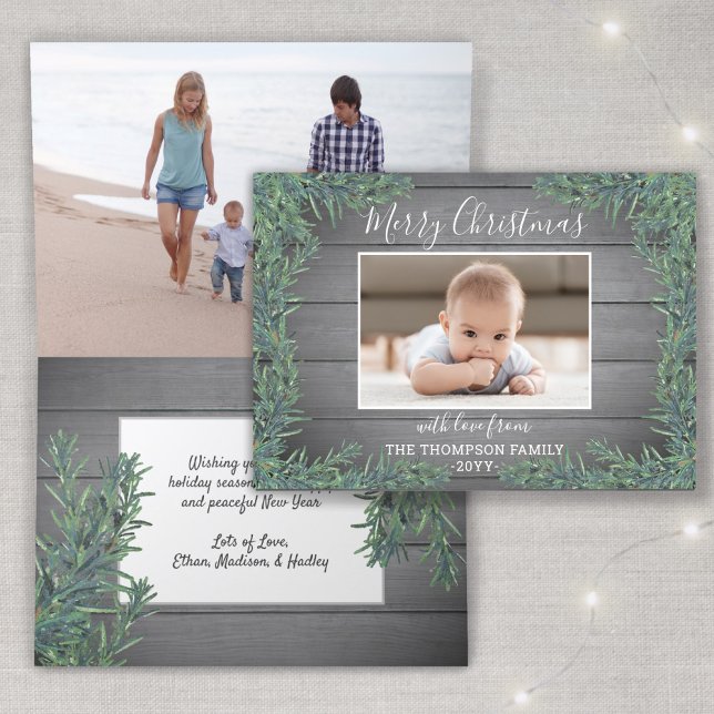 Christmas Greenery & Gray Wood 2 Photo Folded Holiday Card (Creator Uploaded)