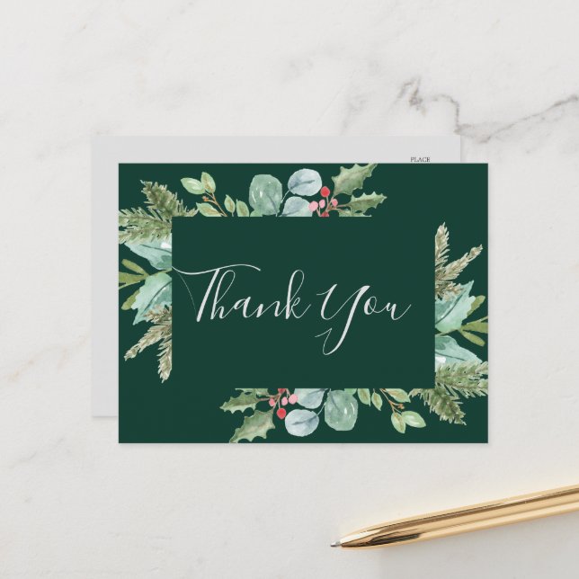 Christmas Greenery | Green Thank You Postcard (Front/Back In Situ)