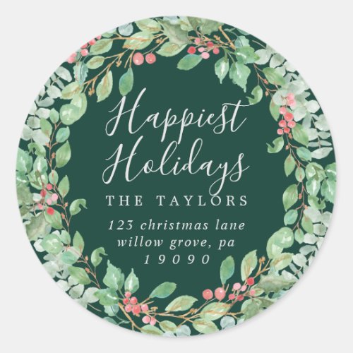 Christmas Greenery Happiest Holidays Envelope Classic Round Sticker