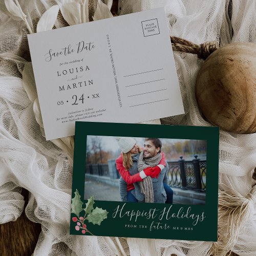 Christmas Greenery Happiest Holidays Save the Date Holiday Postcard