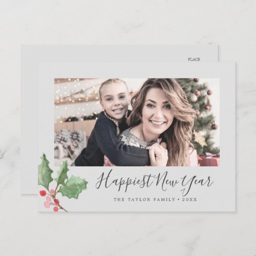 Christmas Greenery Happiest New Year Family Photo Holiday Postcard
