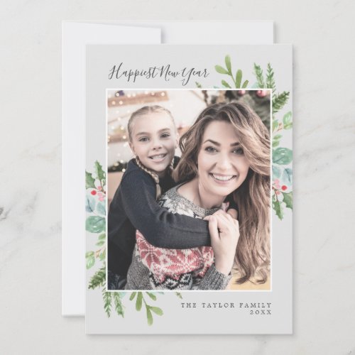 Christmas Greenery Happiest New Year Newsletter Holiday Card