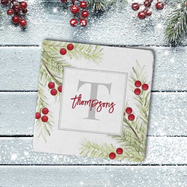Christmas Greenery Holiday Monogram Holly Berries Trivet (Creator Uploaded)