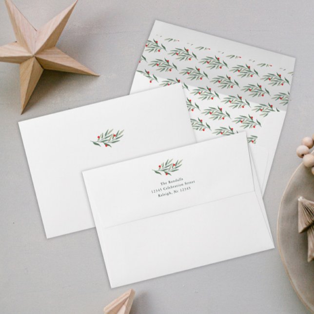Christmas Greenery Leaves Berries Return Address Envelope (Elegant watercolor greenery branch with berries christmas holiday card envelopes.)