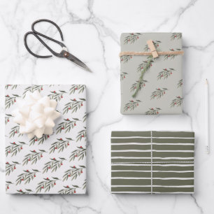 Christmas Greenery Leaves & Berries Wrapping Paper Sheets