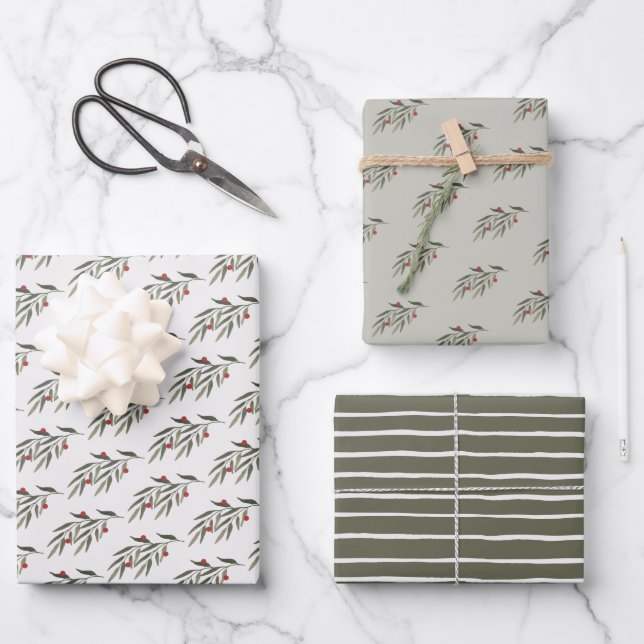 Christmas Greenery Leaves & Berries Wrapping Paper Sheets (Front)