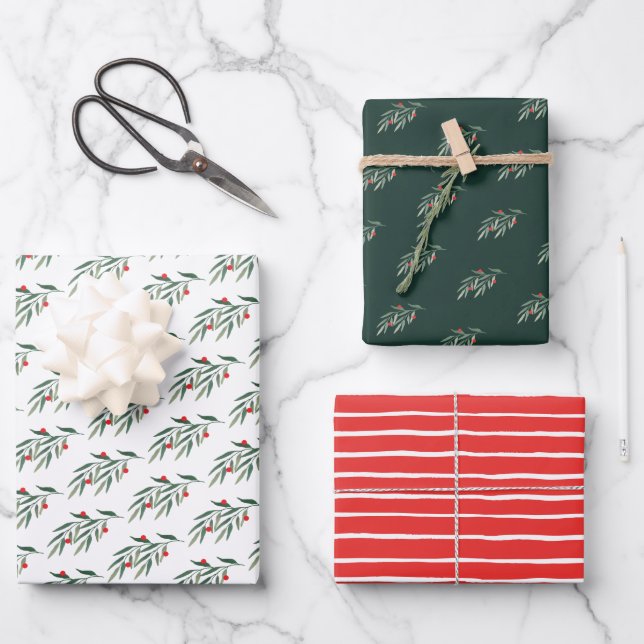 Christmas Greenery Leaves & Berries Wrapping Paper Sheets (Front)