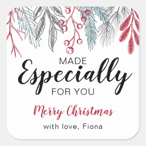 Christmas Greenery Made Especially For You Script Square Sticker