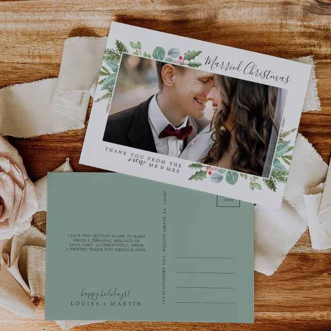 Christmas Greenery Married Christmas Thank You Holiday Postcard Zazzle 2798