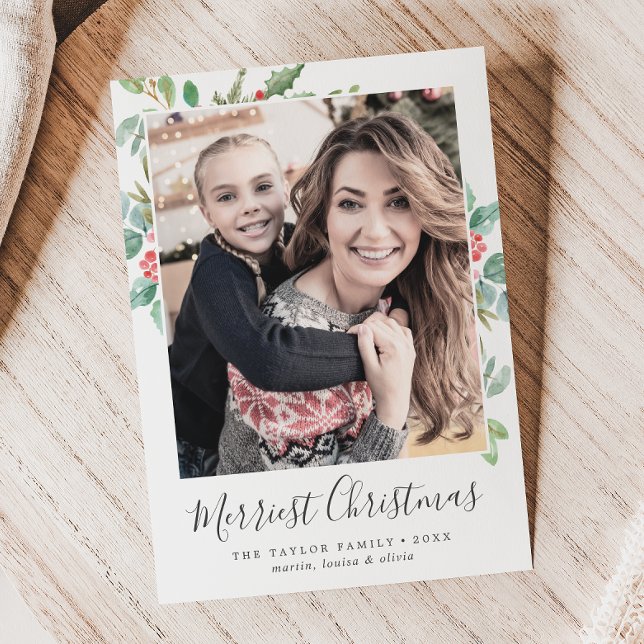 Christmas Greenery Merriest Christmas Family Photo Holiday Card (Creator Uploaded)
