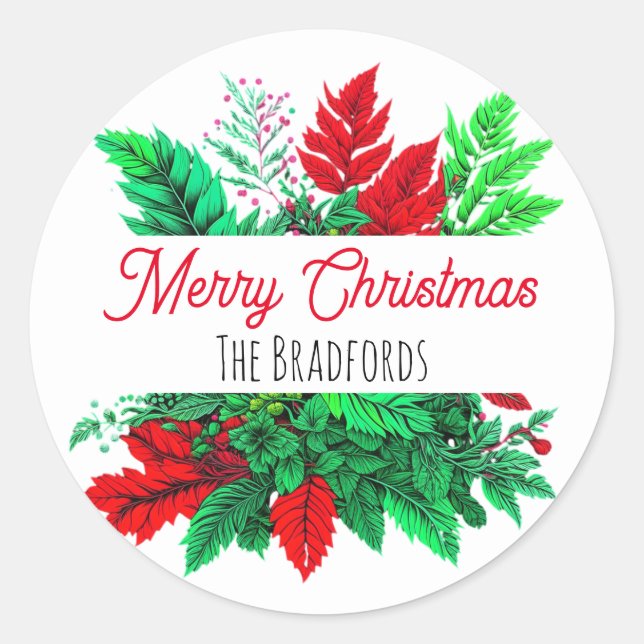 Christmas Greenery | Merry Christmas Personalized Classic Round Sticker (Front)
