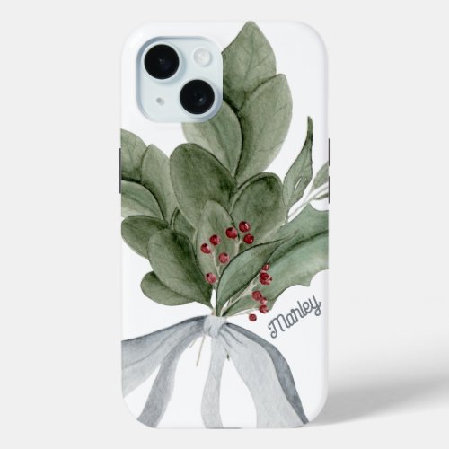 Christmas Greenery Mistletoe Personalized iPhone 15 Case