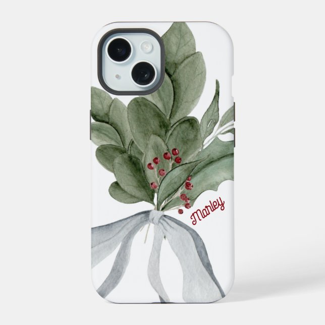 Christmas Greenery Mistletoe Personalized Script Iphone Case (Back)