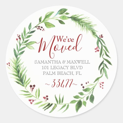 Christmas Greenery Moving Announcement Classic Round Sticker