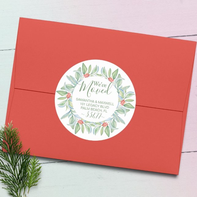 Christmas Greenery Moving Announcement Classic Round Sticker (Christmas return address labels watercolor green & red botanical art Victoria Grigaliunas VG Invites)