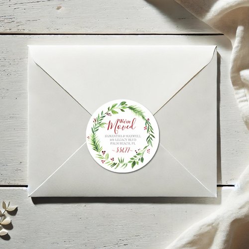 Christmas Greenery Moving Announcement Classic Round Sticker