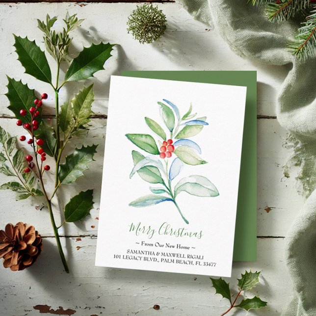Christmas Greenery Moving Announcement Insert Card (Christmas card watercolor red berries and greenery by Victoria Grigaliunas VG Invites)