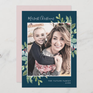 Christmas Greenery   Navy Merriest Christmas Photo Holiday Card