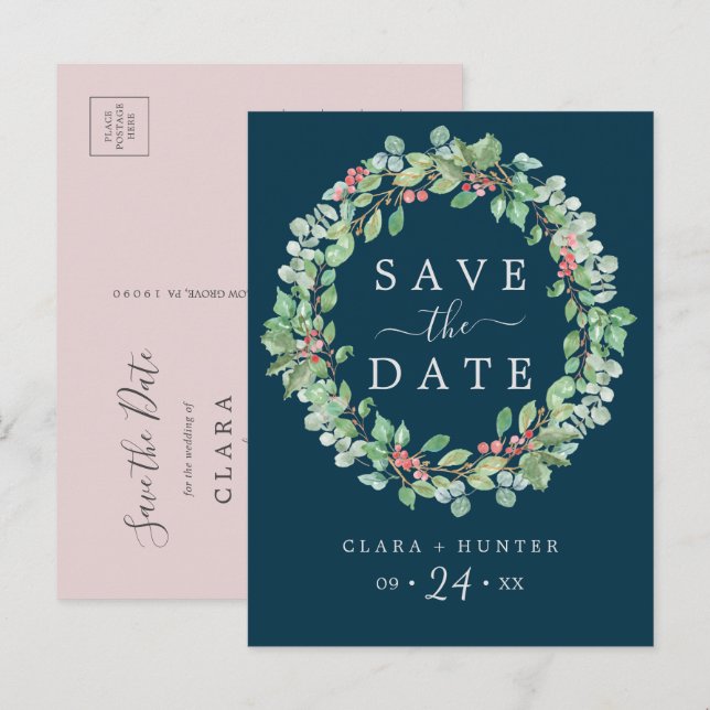 Christmas Greenery | Navy Wreath Save the Date Invitation Postcard (Front/Back)