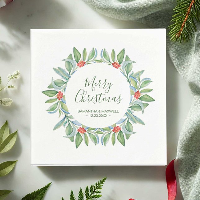 Christmas Greenery Paper Napkin (Christmas napkins personalized featuring unique watercolor botanical art by Victoria Grigaliunas)