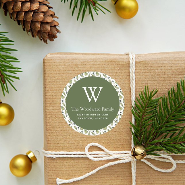 Christmas Greenery Pattern Address Classic Round Sticker (Creator Uploaded)