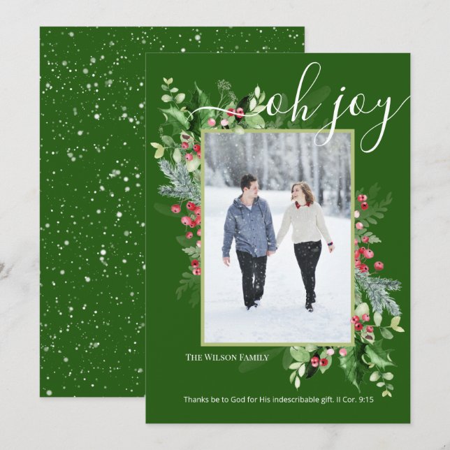 Christmas Greenery Photo Calligraphy Religious Holiday Card (Front/Back)