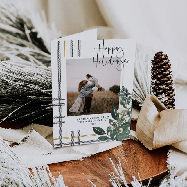 Christmas Greenery & Plaid Photo Holiday Card
