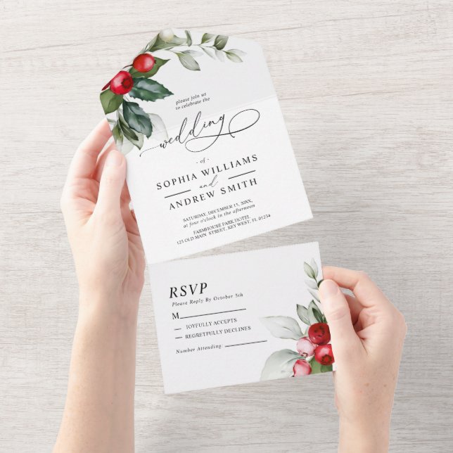 Christmas Greenery & Red Berries  All In One Invitation (Tearaway)