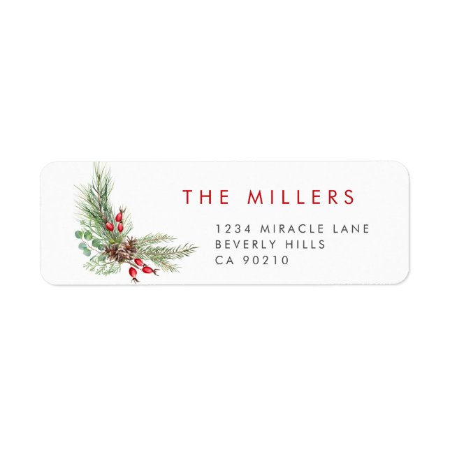 Christmas Greenery Red Berries Minimal Modern Label (Front)