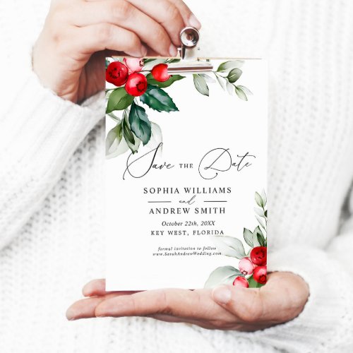 Christmas Greenery  Red Berries Save the Date Invitation