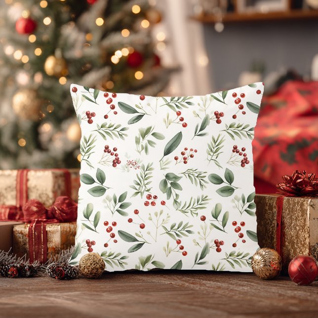 Christmas Greenery & Red Berries Watercolor Throw Pillow (Christmas Greenery & Red Berries Watercolor Throw Pillow)
