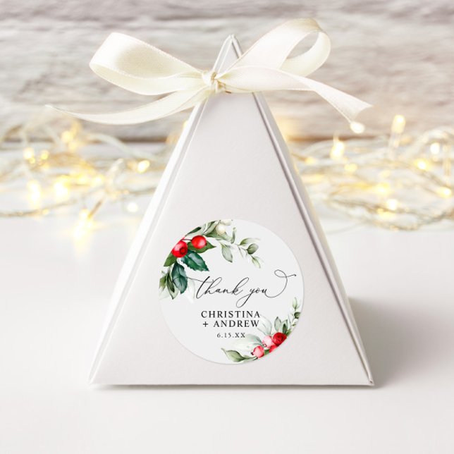 Christmas Greenery & Red Berries Wedding  Classic Round Sticker (Creator Uploaded)