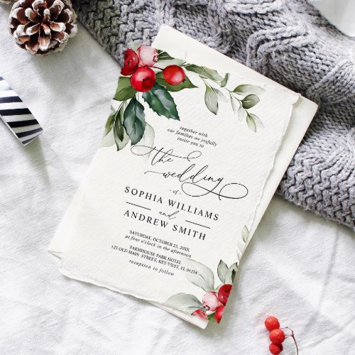 Christmas Greenery  Red Berries Wedding Invitation