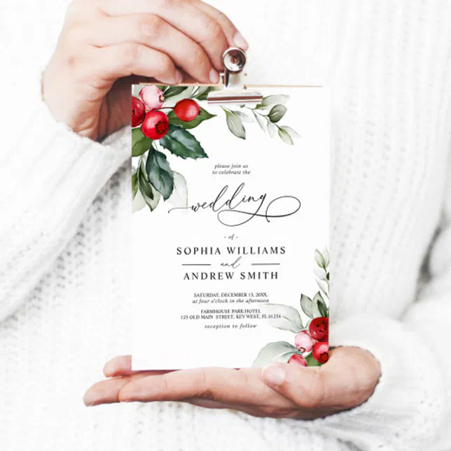 Christmas Greenery & Red Berries Wedding Invitation | Zazzle