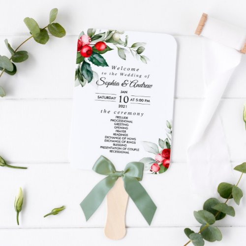 Christmas Greenery  Red Berries Wedding Program Hand Fan