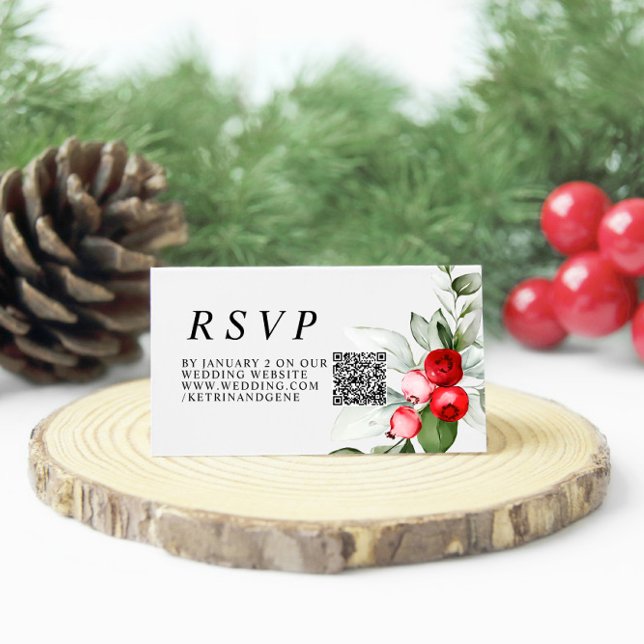 Christmas Greenery & Red Berries Wedding QR RSVP Enclosure Card (Creator Uploaded)