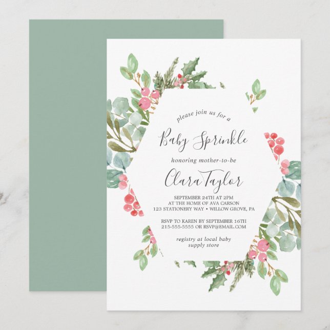 Christmas Greenery & Red Berry Baby Sprinkle Invitation (Front/Back)