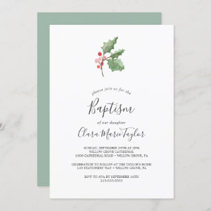 Christmas Greenery & Red Berry Baptism Invitation