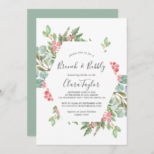 Christmas Greenery  Red Berry Brunch and Bubbly Invitation