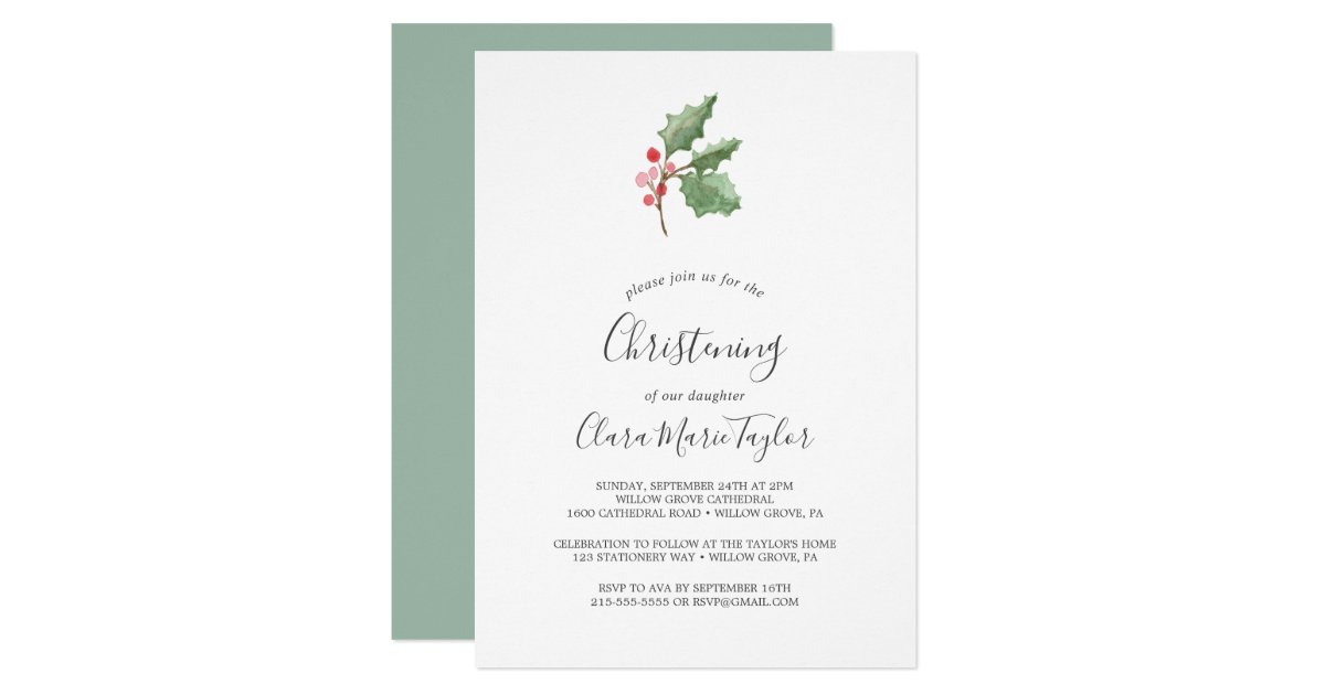 Christmas Greenery & Red Berry Christening Invitation | Zazzle.com