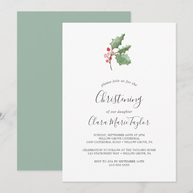 Christmas Greenery & Red Berry Christening Invitation (Front/Back)